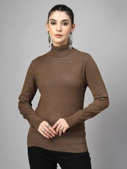 Mafadeny - Women Brown Viscose Rayon High Neck Top