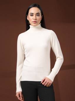 Mafadeny - Women Cream Viscose Rayon High Neck Top