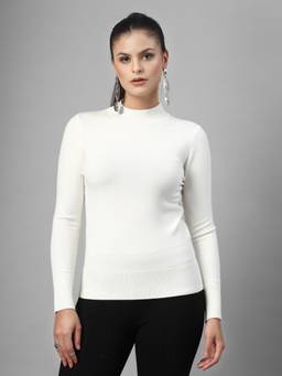 Mafadeny - Women White Viscose Rayon High Neck Top