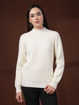 Mafadeny - Women Cream Viscose Rayon High Neck Top