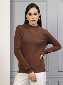 Mafadeny - Women Brown Viscose Rayon High Neck Top