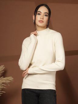 Mafadeny - Women Cream Viscose Rayon High Neck Top