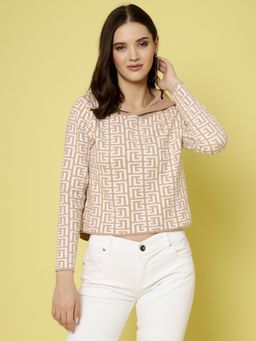 Mafadeny - Women Beige Viscose Rayon Hooded Top