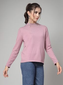 Mafadeny - Women Mauve Viscose Rayon High Neck Top