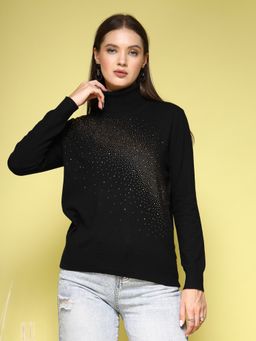 Mafadeny - Women Black Viscose Rayon High Neck Top