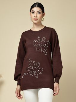 Mafadeny - Women Brown Viscose Rayon Round Neck Top