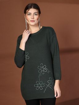 Mafadeny - Women Green Viscose Rayon Round Neck Top