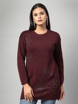 Mafadeny - Women Wine Viscose Rayon Round Neck Top