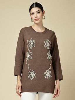 Mafadeny - Women Brown Viscose Rayon Round Neck Top