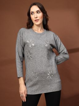 Mafadeny - Women Grey Viscose Rayon Round Neck Top
