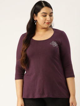 theRebelinme - Plus Size Womens Purple Solid Color Round Neck Cotton 3/4th Sleeve T-Shirt