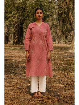 EARTHWEAR - Dusty Pink Hand Embroidered Cotton Kurta