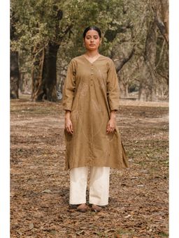 EARTHWEAR - Mud Brown Hand Embroidered Cotton Kurta