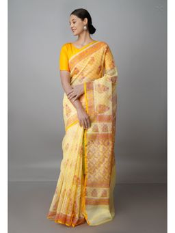 Unnati Silks - Pale Yellow Pure Block Printed Kota Cotton Saree with Unstitched Blouse