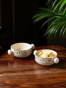 ExclusiveLane - Whispers Of Warli' Handcrafted Ceramic Serving Bowls (Set Of 2