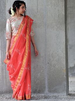 Chidiyaa - Coral Block Printed Saree Pure Handwoven Linen