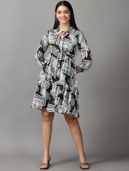 SHOWOFF - Womens Keyhole Neck Above Knee Black Printed Dress