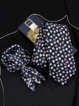 PELUCHE - Midnight Rose Black Neck Tie & Pocket Square Set for Men (Broad)