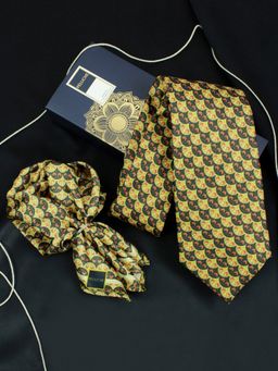 PELUCHE - Sunset Maze Yellow Broad Neck Tie & Pocket Square Set for Men