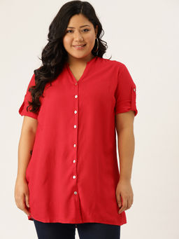 theRebelinme - Plus Size Womens Red Solid Colour Longline Casual Shirt