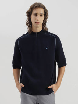 United Colors of Benetton - Men Navy Blue Boxy Fit High Neck Solid Zip T-shirt