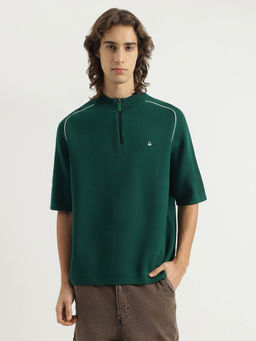 United Colors of Benetton - Men Green Boxy Fit High Neck Solid Zip T-shirt