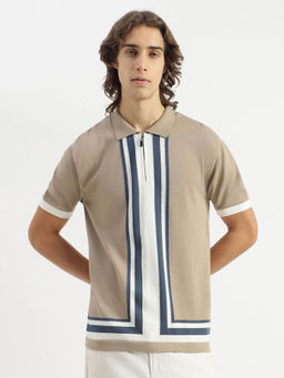 United Colors of Benetton - Men Beige Regular Fit Polo Neck Striped Zip T-shirt
