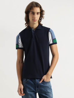United Colors of Benetton - Men Navy Blue Regular Fit Polo Neck Colorblock T-shirt