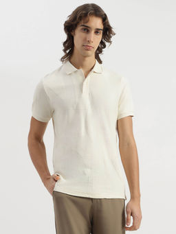 United Colors of Benetton - Men Off White Regular Fit Polo Neck Textured T-shirt