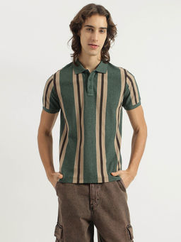 United Colors of Benetton - Men Green Regular Fit Striped Grindle Waffle Polo T-shirt
