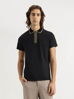 United Colors of Benetton - Men Black Regular Fit Polo Neck Solid Zip T-shirt