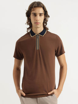 United Colors of Benetton - Men Brown Regular Fit Polo Neck Solid Zip T-shirt