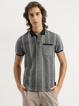 United Colors of Benetton - Men Grey Regular Fit Polo Neck Striped T-shirt