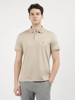 Tommy Hilfiger - Men Beige Solid Regular Fit Cotton Polo T-shirt