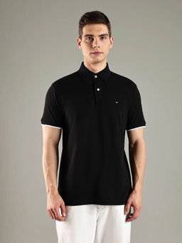 Tommy Hilfiger - Men Black Solid Regular Fit Cotton Polo T-shirt