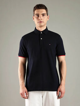 Tommy Hilfiger - Men Navy Blue Solid Regular Fit Cotton Polo T-shirt