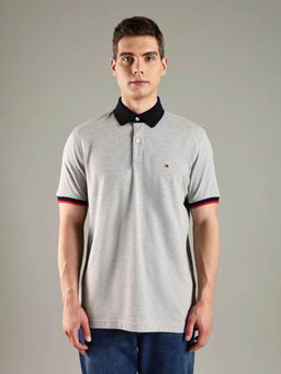 Tommy Hilfiger - Men Grey Solid Regular Fit Cotton Polo T-shirt