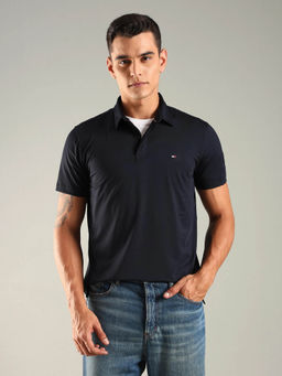 Tommy Hilfiger - Men Navy Blue Solid Regular Fit Cotton Polo T-shirt