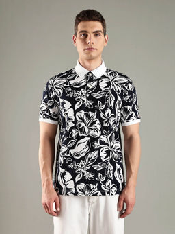 Tommy Hilfiger - Men Navy Blue Floral Printed Regular Fit Cotton Polo T-shirt