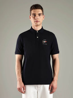 Tommy Hilfiger - Men Navy Blue Solid Regular Fit Cotton Polo T-shirt