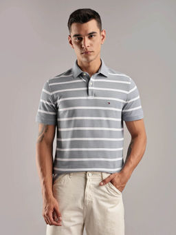 Tommy Hilfiger - Men Grey Striped Regular Fit Cotton Polo T-shirt