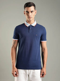 Tommy Hilfiger - Men Navy Blue Solid Regular Fit Cotton Polo T-shirt