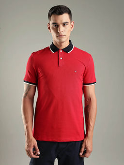 Tommy Hilfiger - Men Red Solid Regular Fit Cotton Polo T-shirt