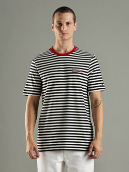 Tommy Hilfiger - Men Black and White Striped Regular Fit Cotton T-shirt