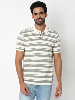 Spykar - Men Grey Slim Fit Striped Casual Polo T-shirt