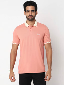 Spykar - Men Peach Slim Fit Solid Casual Polo T-shirt