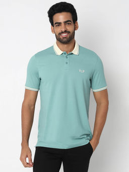 Spykar - Men Sea Blue Slim Fit Solid Casual Polo T-shirt