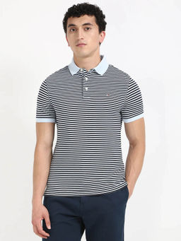 Tommy Hilfiger - Men Navy Blue Striped Slim Fit Cotton Polo T-shirt