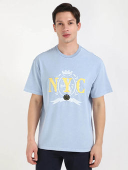 Tommy Hilfiger - Men Blue Graphic Printed Relaxed Fit Cotton T-shirt