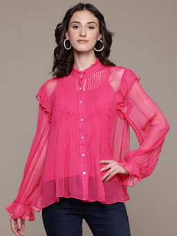 Label Ritu Kumar - Fuchsia Rhea Button-Down Top with Camisole (Set of 2)